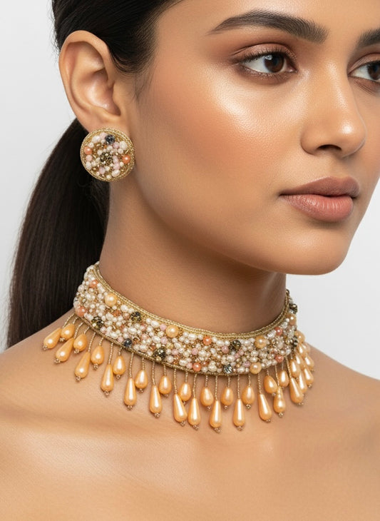 Blushing Gold Handmade Beaded Choker Set
