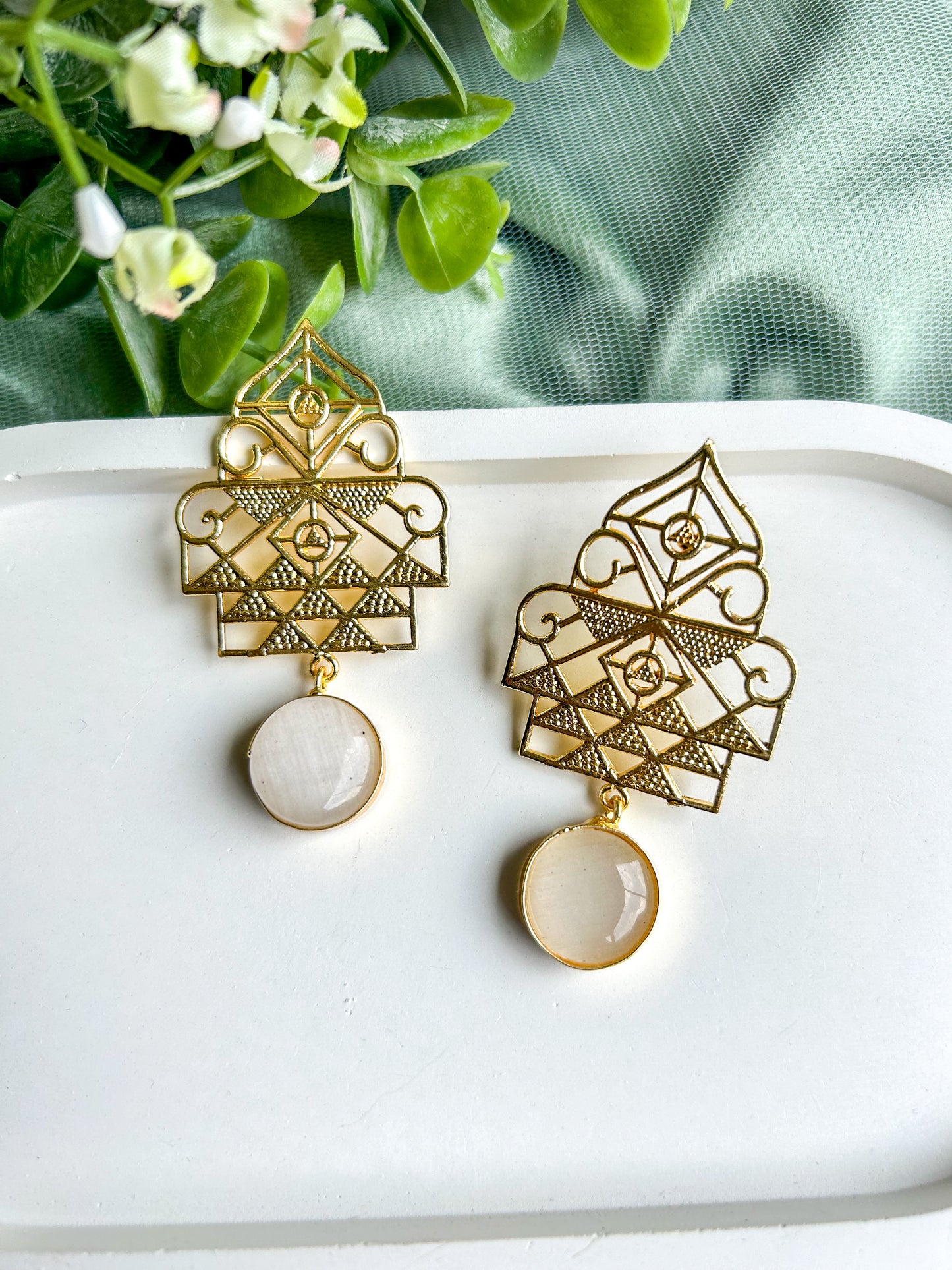 Jharokha Brass Earrings - Ivory