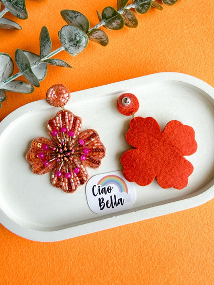 Sunset Orange Glow Flower Handmade Beaded Earrings