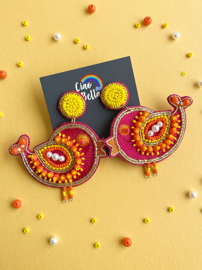 Chirpy Birdie Pink Orange Handmade Beaded Earrings