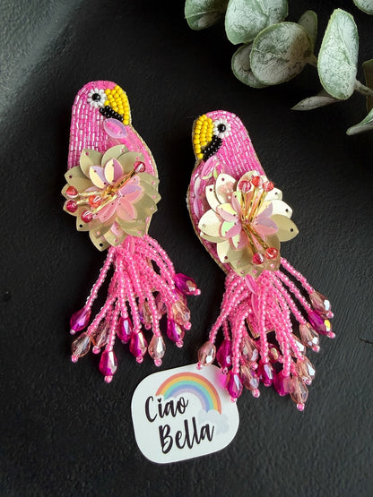 Luxe Paradise Pink Parrot Handmade Beaded Bird Earrings