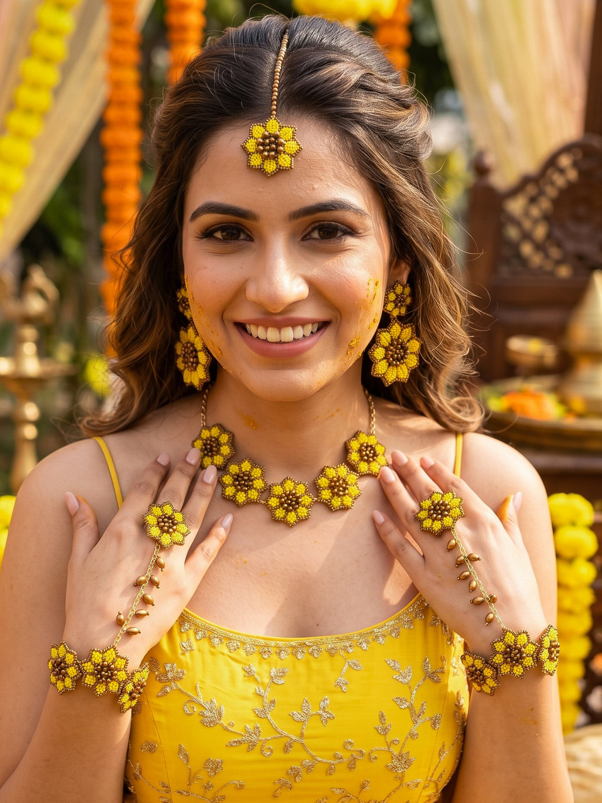 Sunflower Handmade Beaded Haldi Jewellery Set (Necklace + Earrings + Hathphools + Maangtika)