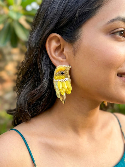 Chirpy Sunny Yellow Parrot Handmade Beaded Bird Earrings