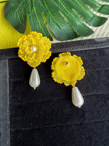 Crochet Yellow 3D Rose Pearl Drops Flower Handmade Beaded Earrings
