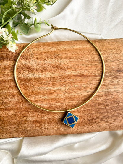 Blue Mosaic Brass Hasli Necklace