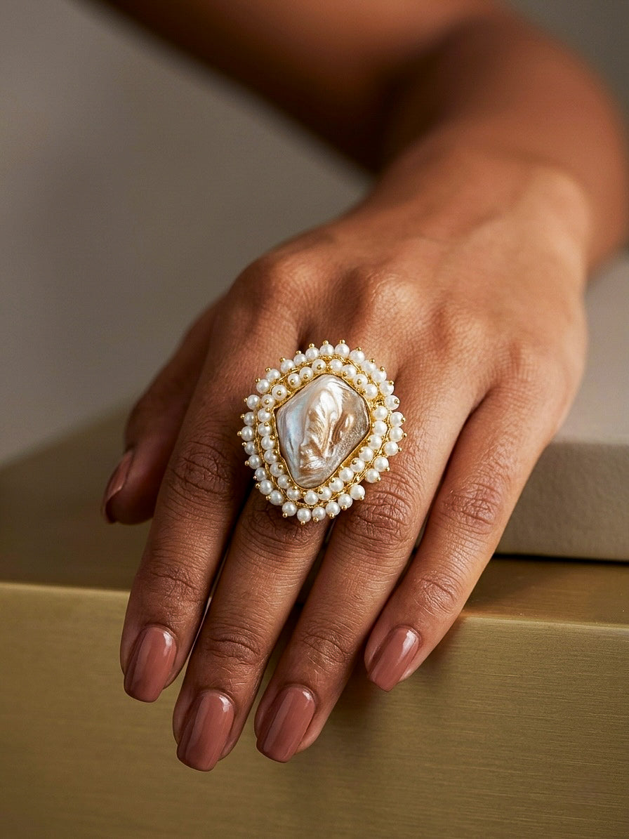 Baroque Mother of Pearl Handmade Brass Ring