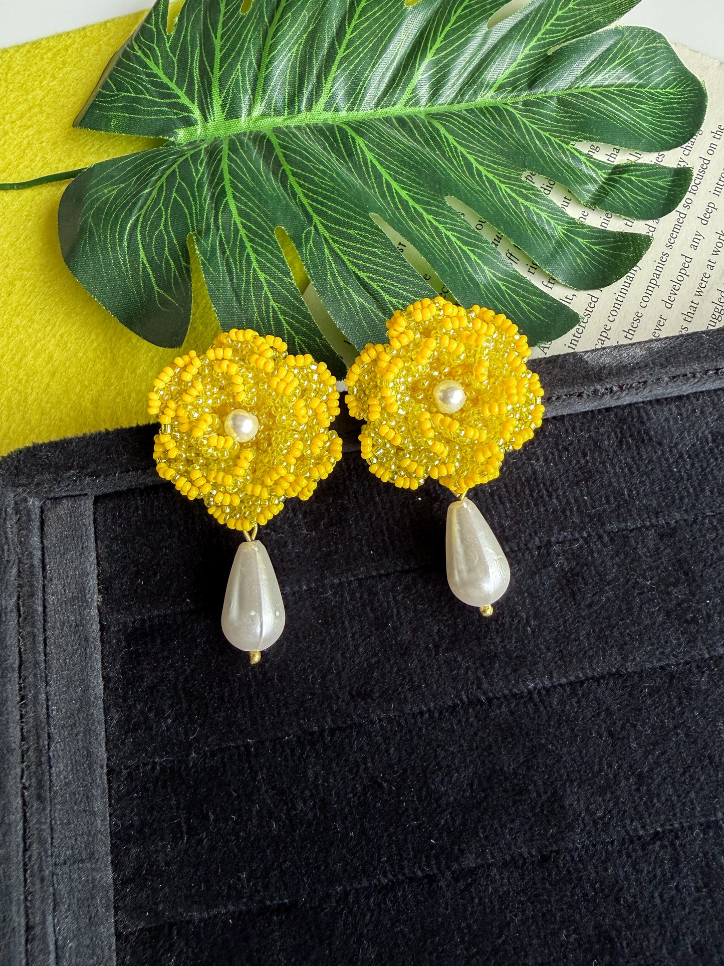 Crochet Yellow 3D Rose Pearl Drops Flower Handmade Beaded Earrings