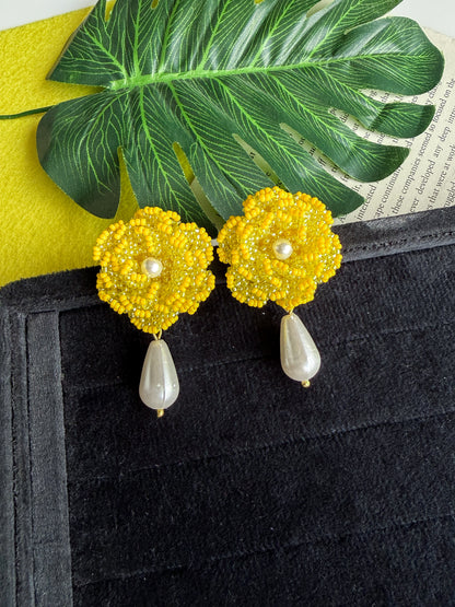 Crochet Yellow 3D Rose Pearl Drops Flower Handmade Beaded Earrings