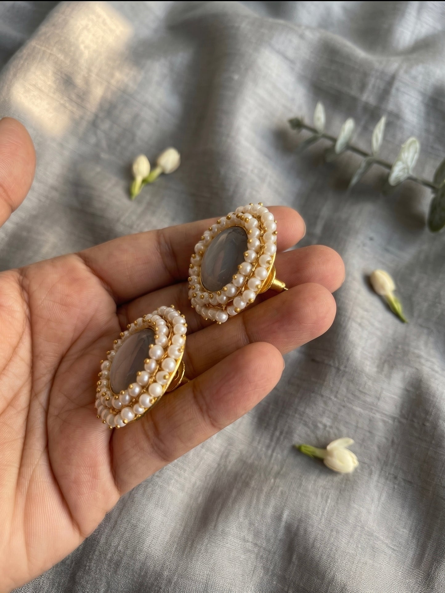 Sitara Grey Pearl Round Handmade Brass Earrings
