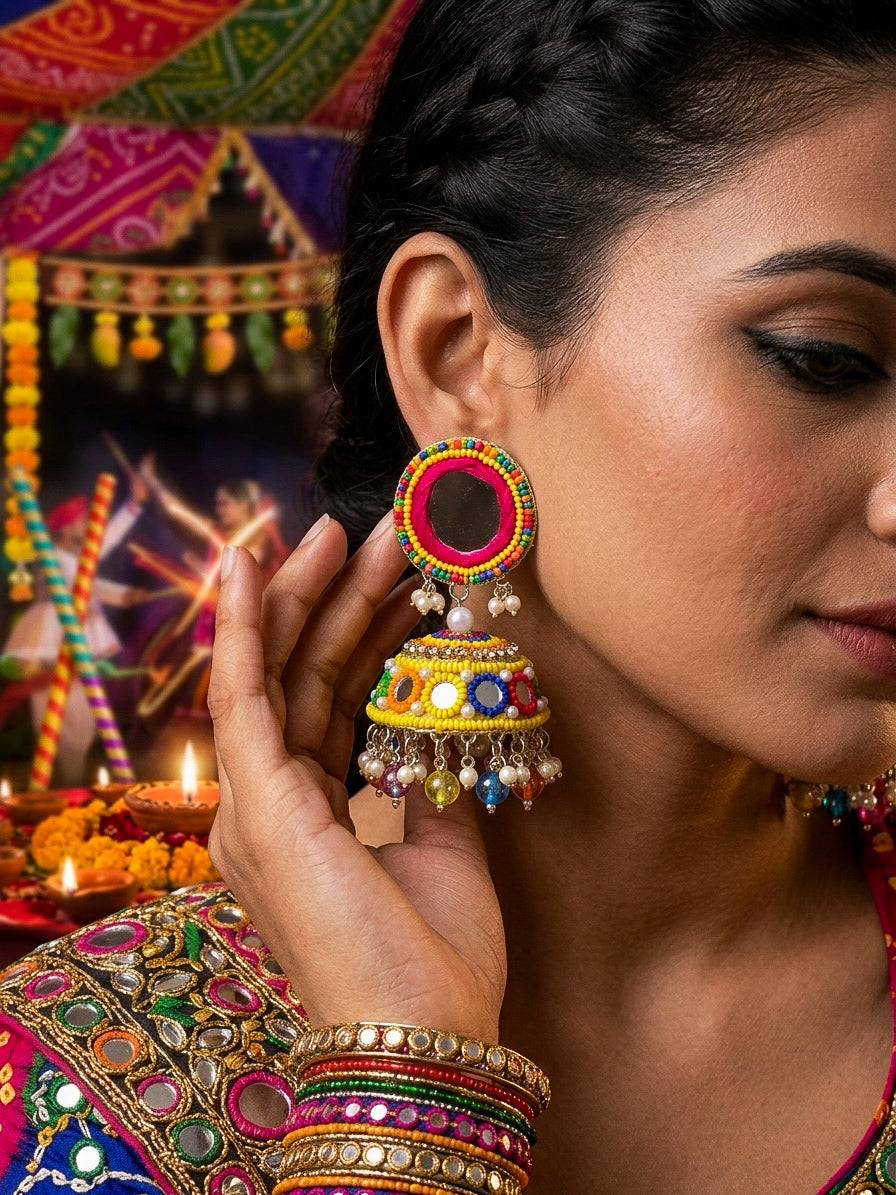 Rangili Yellow Mirror Handmade Beaded Jhumka Earrings