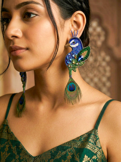Regal Peacock Blue Green Handmade Beaded Bird Earrings