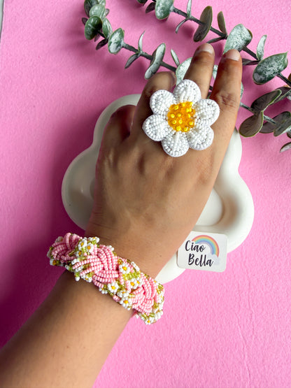 Luxe Flora Pink Handmade Beaded Bracelet + Ring Combo