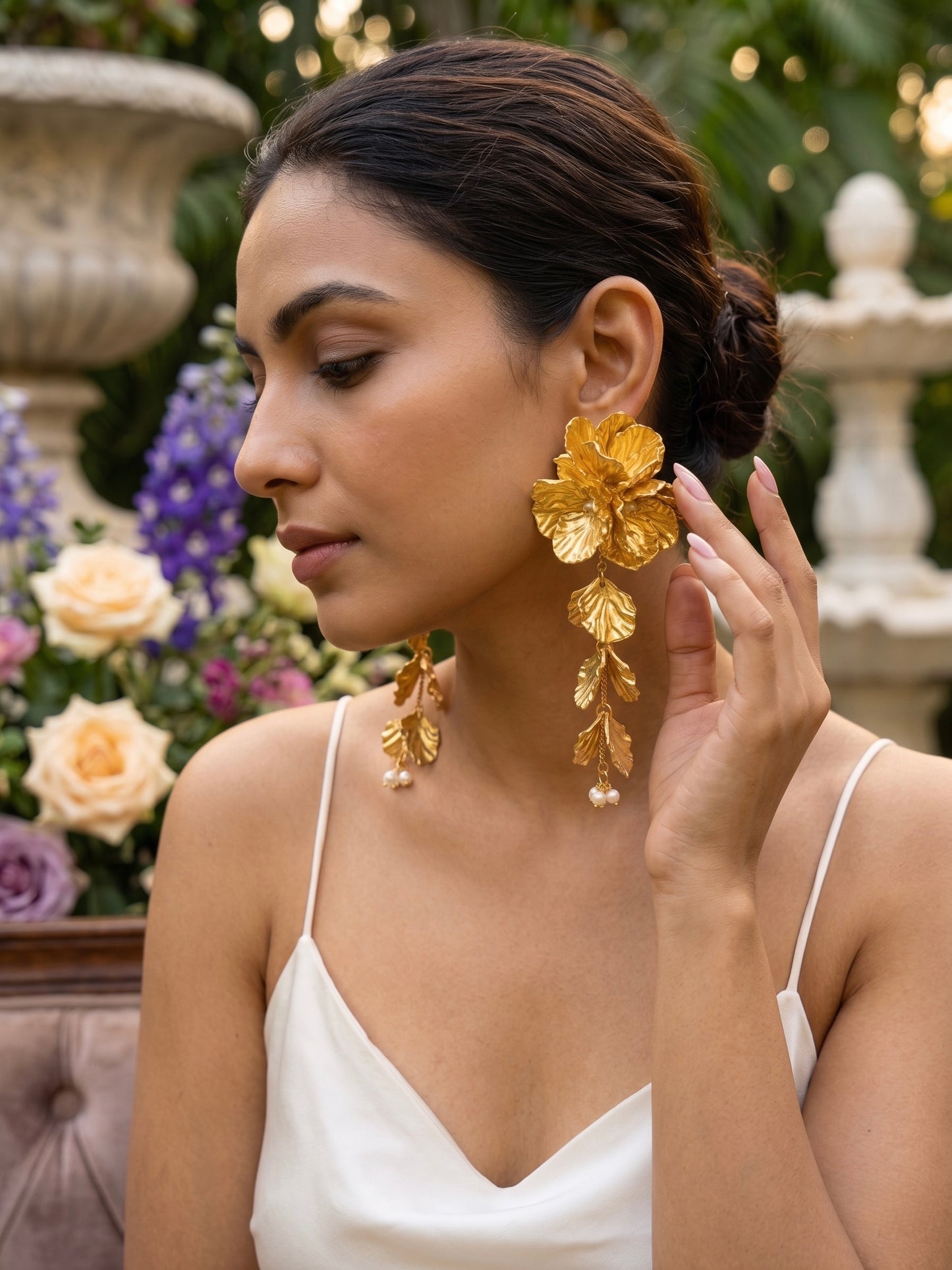 Aurelia Flower Gold Statement Handmade Beaded Earrings