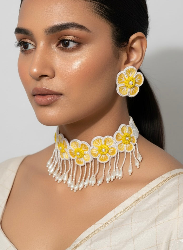 Sunshine Blossom Handmade Choker Necklace + Earrings Set
