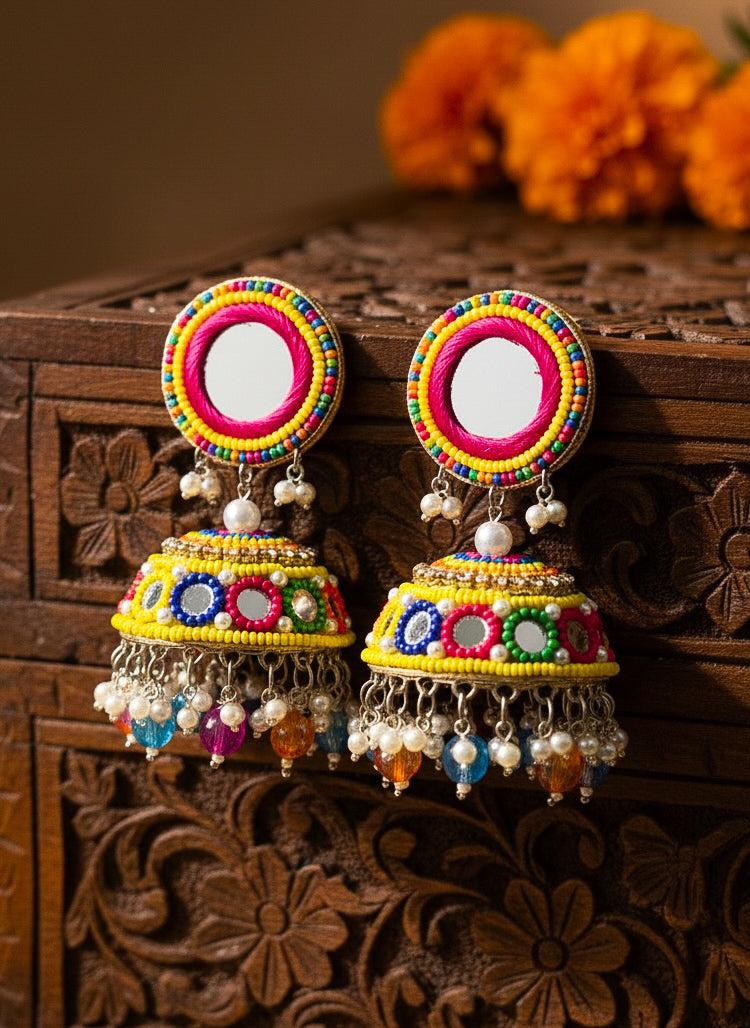 Rangili Mirror Handmade Beaded Jhumka Earrings
