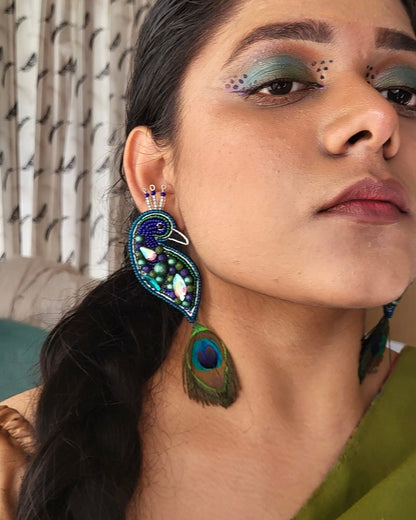 Regal Peacock Handmade Beaded Bird Earrings