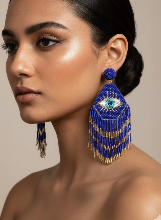 Nazarbattu Blue Evil Eye Handmade Beaded Tassel Earrings