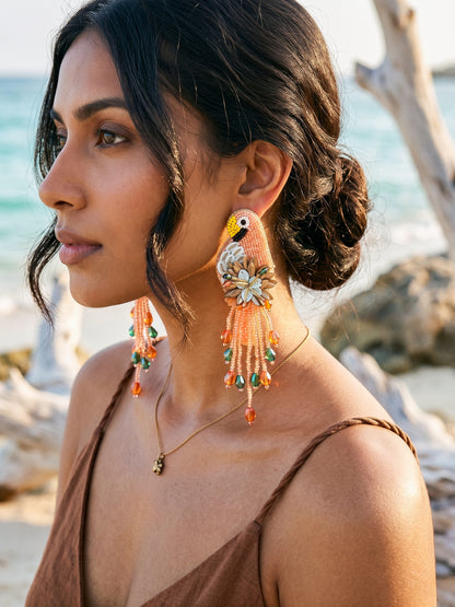 Luxe Paradise Peach Orange Parrot Handmade Beaded Bird Earrings