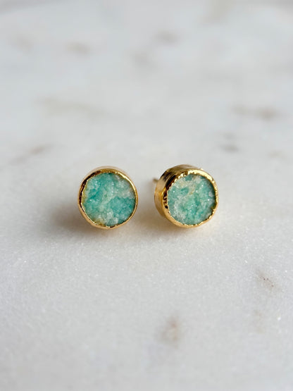 Mint Aura Natural Stone Handmade Brass Stud Earrings