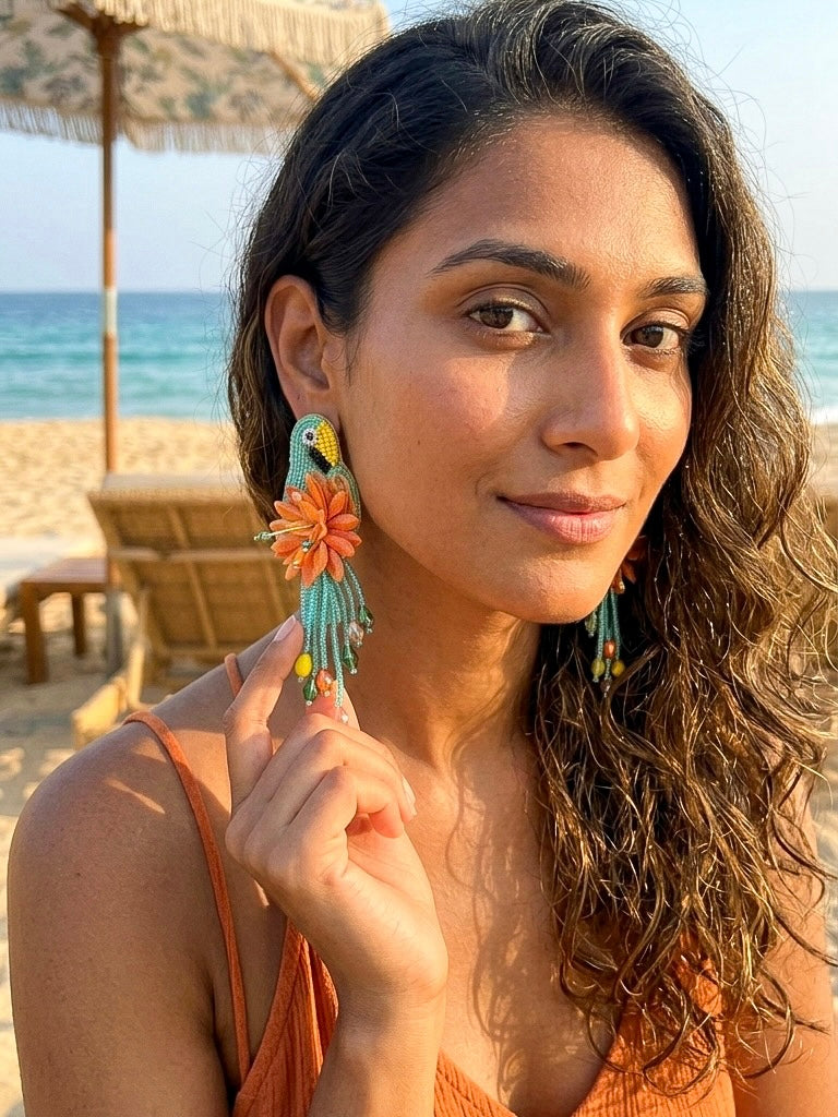 Luxe Paradise Teal Mint Lagoon Orange Parrot Handmade Beaded Bird Earrings
