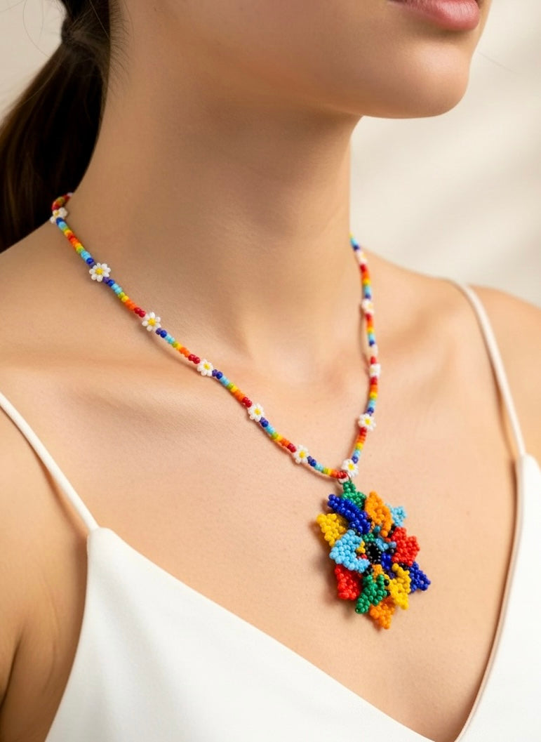 Blossoming Rainbow Flower Handmade Beaded Necklace