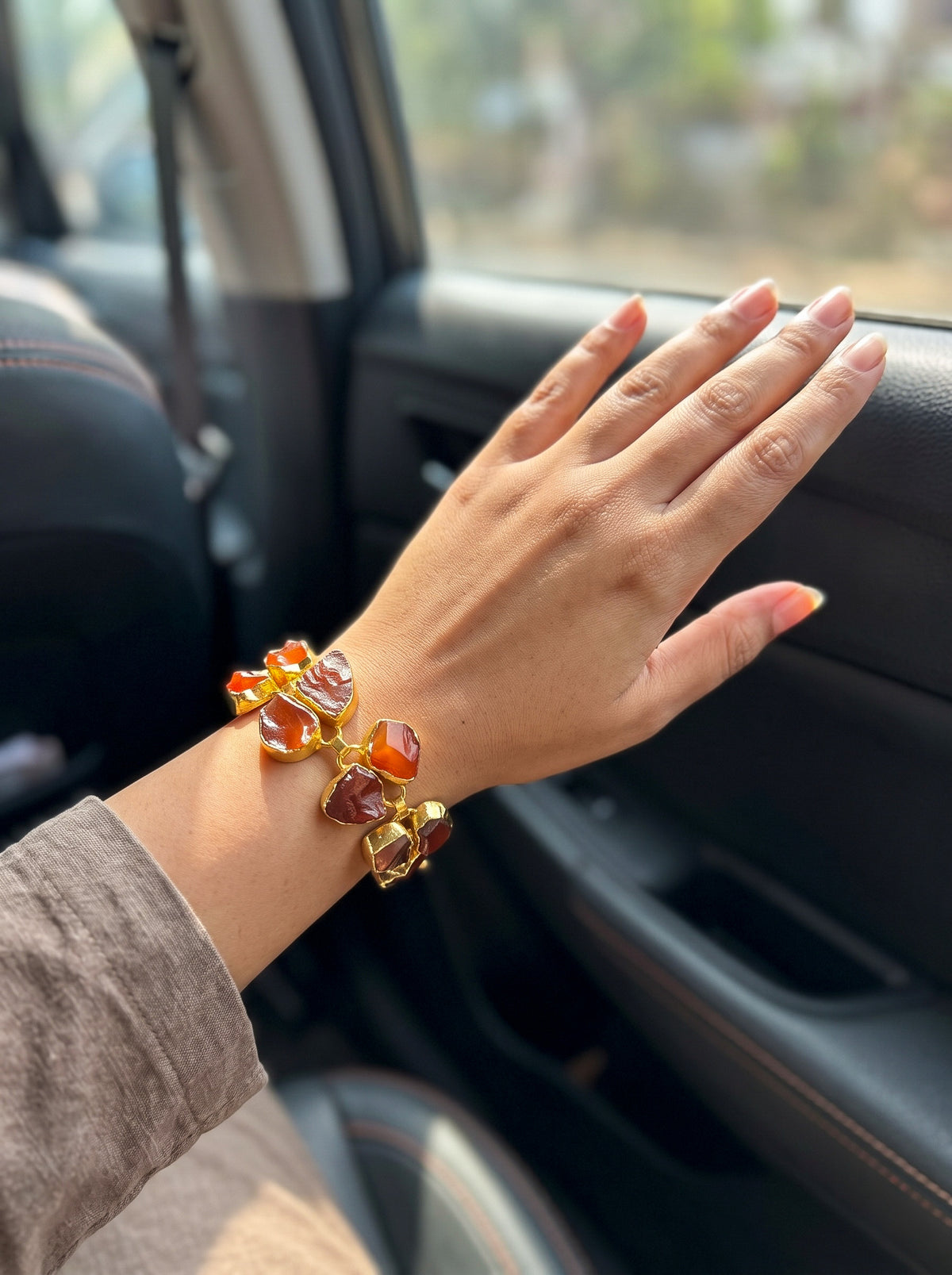 Luxe Agate Rust Orange Natural Stone Statement Handmade Brass Chain Bracelet