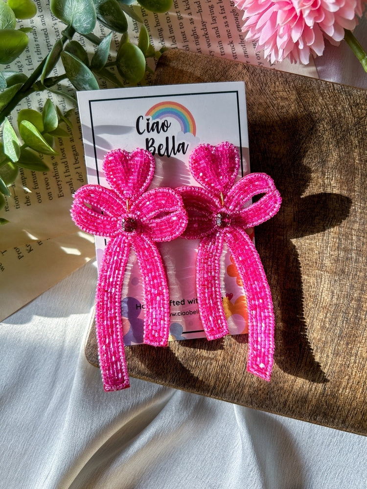 Glam Bow (Pink) Handmade Beaded Earrings