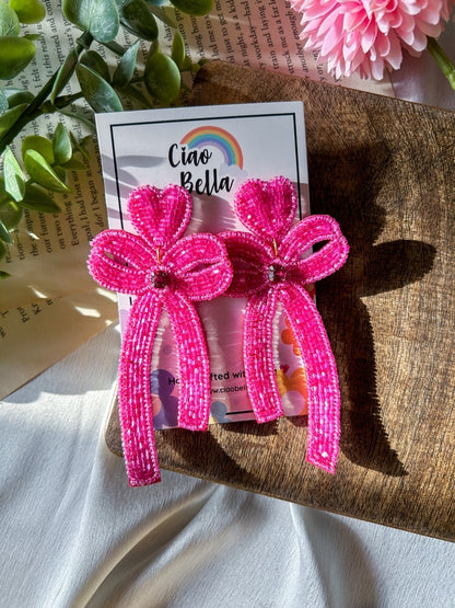 Glam Bow (Pink) Handmade Beaded Earrings