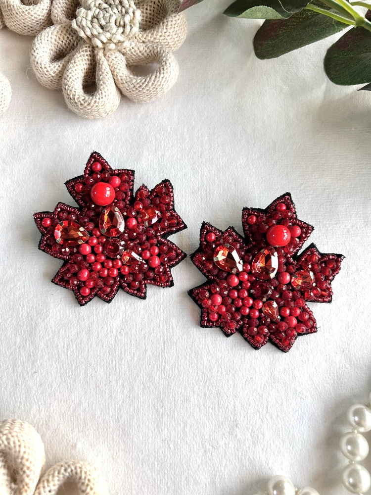 Red Autumn Leaf Handmade Beaded Earrings