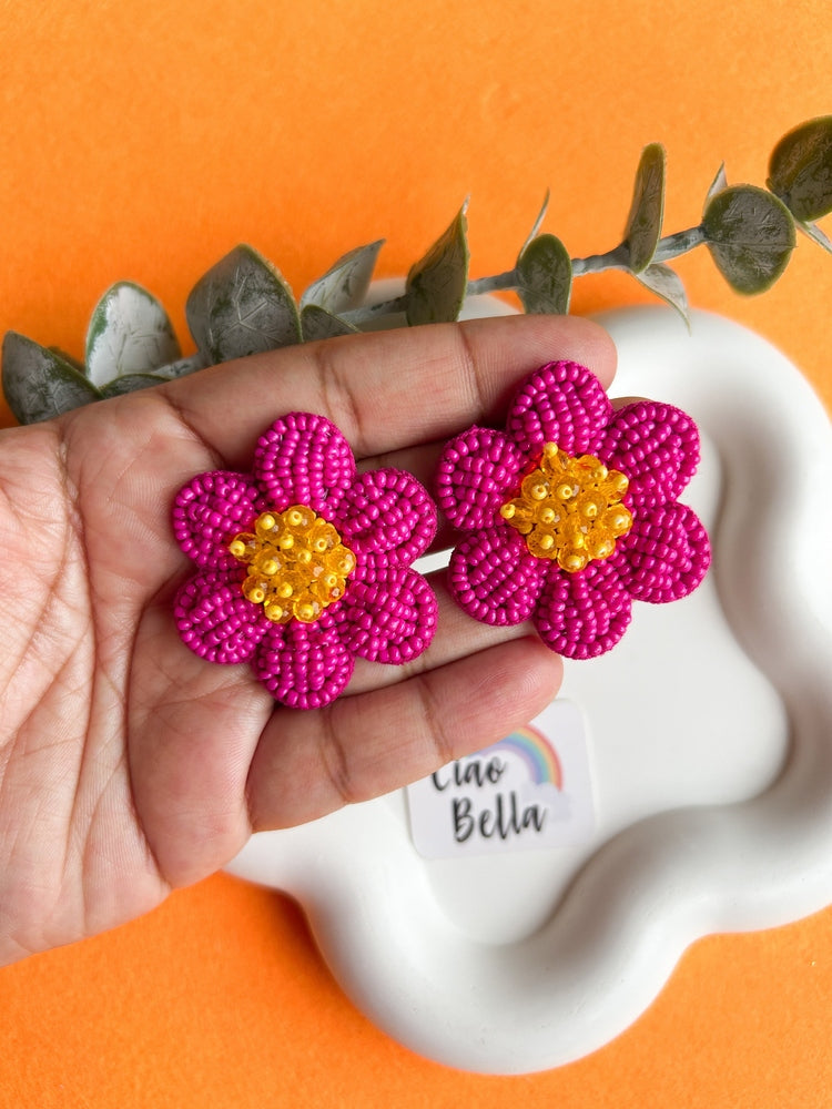Pink Daisy Stud Handmade Beaded Flower Earrings