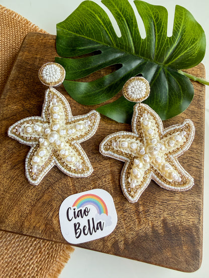 Ivory Pearl Glam Starfish Handmade Beaded Earrings