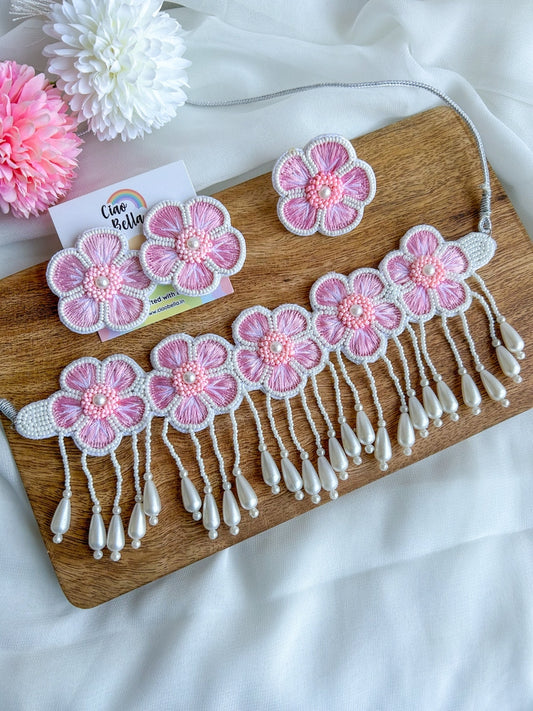 Pink Blossom Handmade Necklace + Earrings + Ring Set