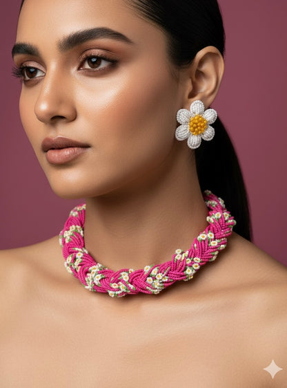 Luxe Flora Rose Pink Handmade Beaded Necklace + Earrings Set