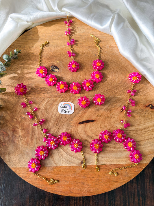 Sparkling Hot Pink Daisy Handmade Beaded Haldi Jewellery Set (Necklace + Earrings + Hathphools + Maangtika)