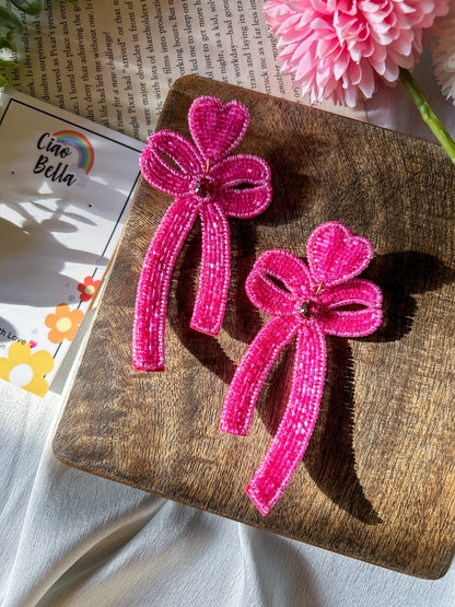 Glam Bow (Pink) Handmade Beaded Earrings
