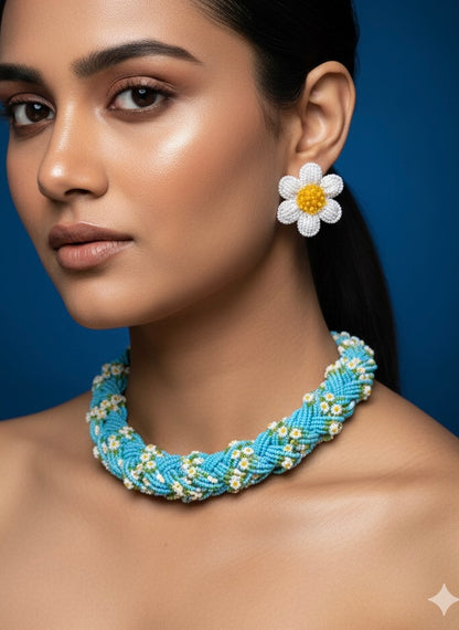 Luxe Flora Aqua Blue Handmade Beaded Necklace + Earrings Set