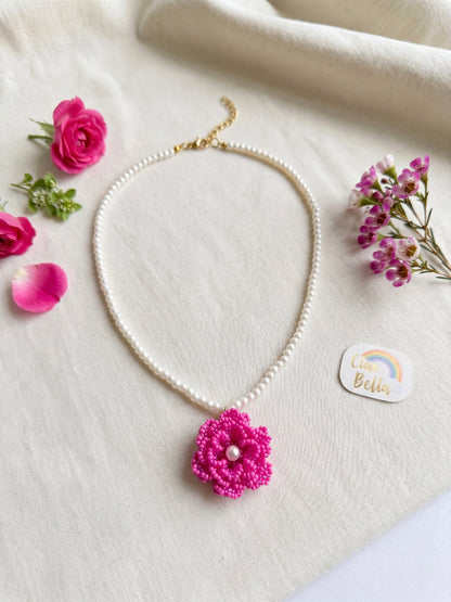 Crochet Pink 3D Rose Flower Handmade Beaded Necklace