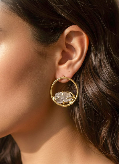 Sera White Round Stud Handmade Brass Earrings