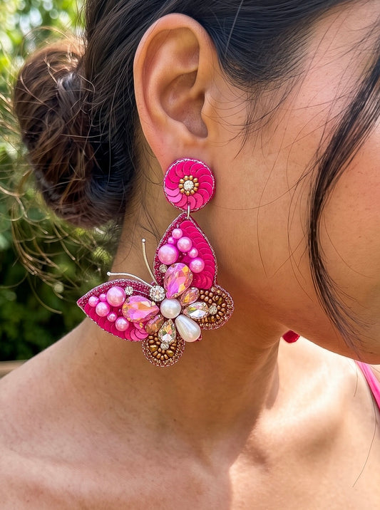 Luxe Crystal Hot Pink Handmade Beaded Butterfly Earrings