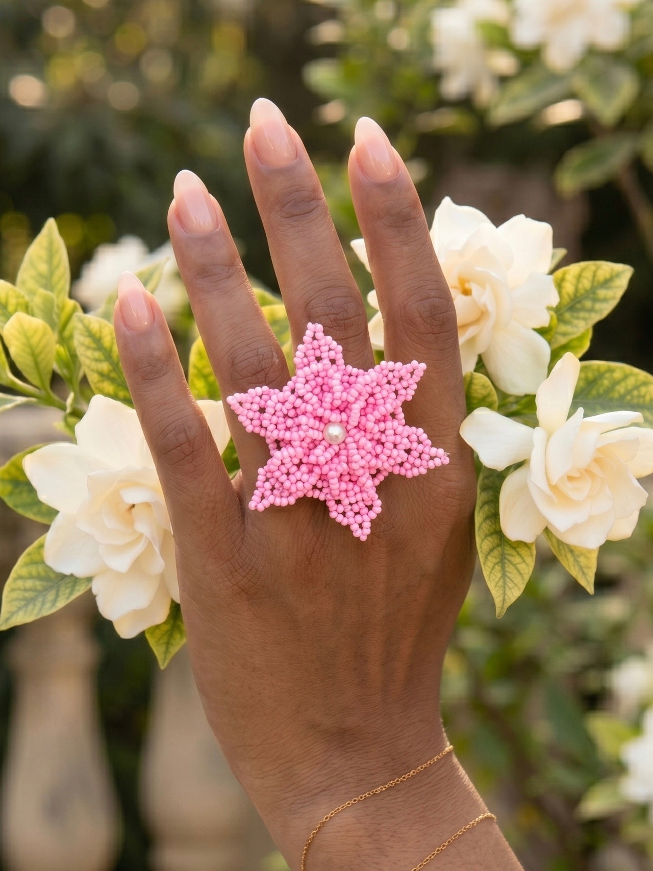 Blush Pink Delicate Snowflake 3D Crochet Handmade Beaded Ring