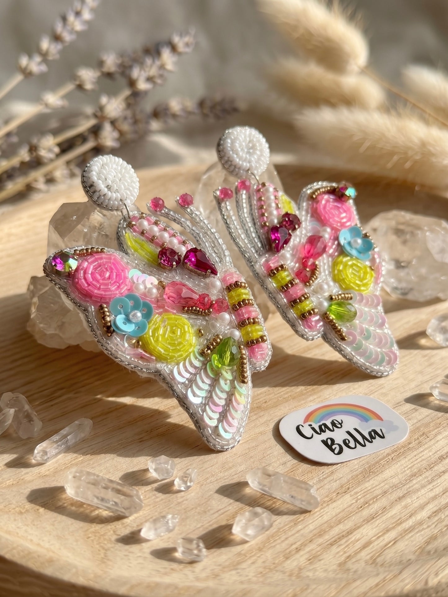 Kaleido Wings White Handmade Beaded Butterfly Earrings