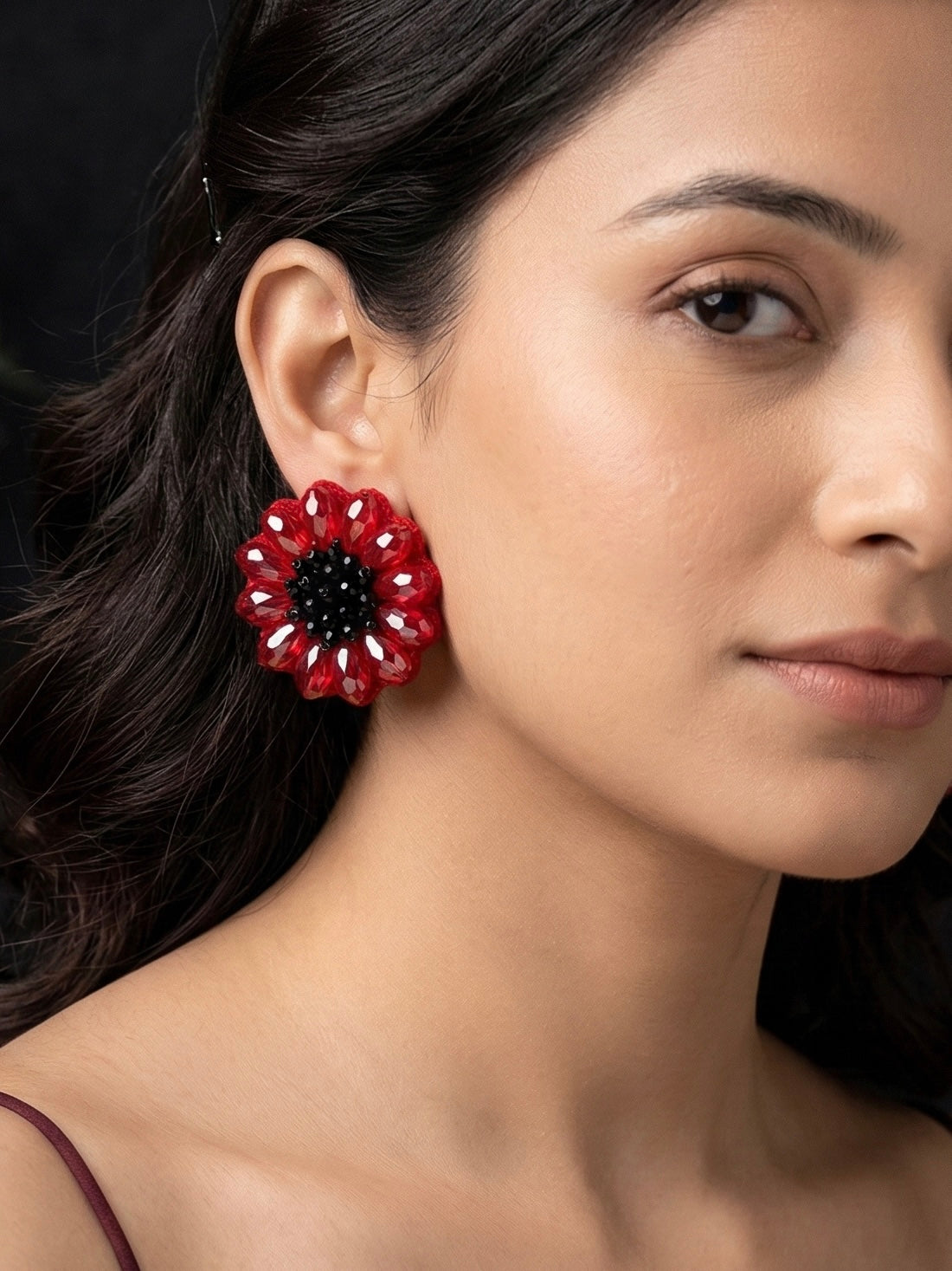 Sparkling Red Poppy Stud Handmade Beaded Earrings