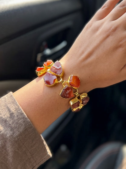 Luxe Agate Rust Orange Natural Stone Statement Handmade Brass Chain Bracelet