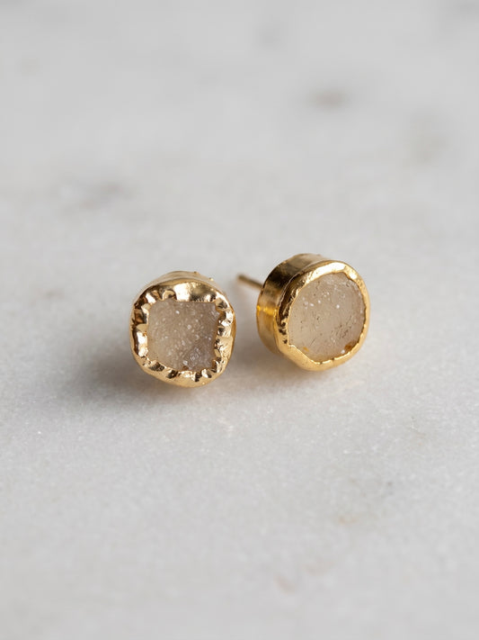 Champagne Druzy Natural Stone Handmade Brass Stud Earrings
