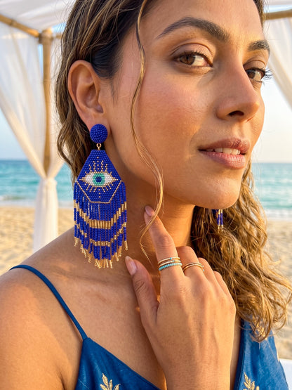 Nazarbattu Blue Evil Eye Handmade Beaded Tassel Earrings
