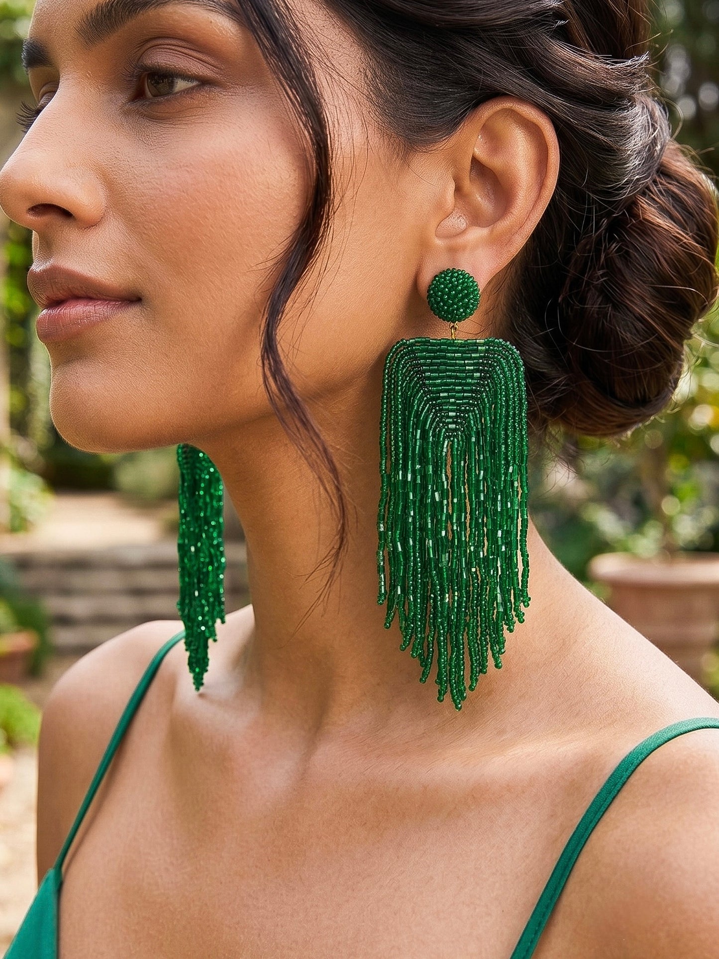 Luxe Emerald Green Handmade Beaded Tassel Earrings