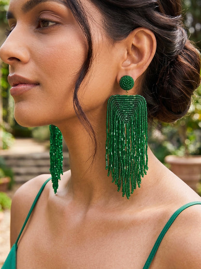 Luxe Emerald Green Handmade Beaded Tassel Earrings