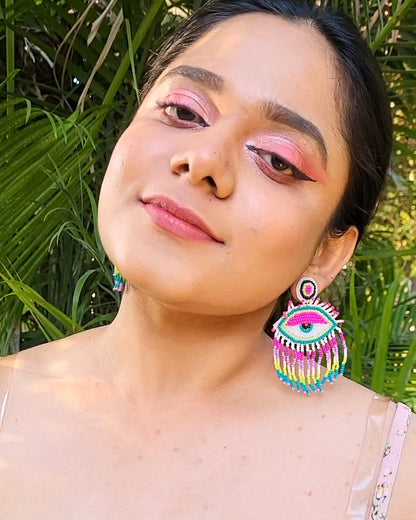 Pink Evil Eye Tassel Earrings