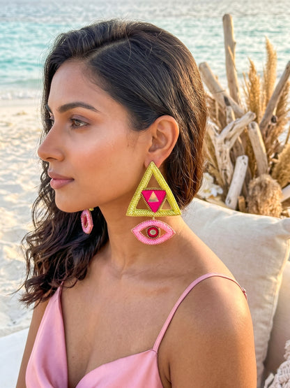Electric Lime Green & Pink Evil Eye Handmade Beaded Earrings