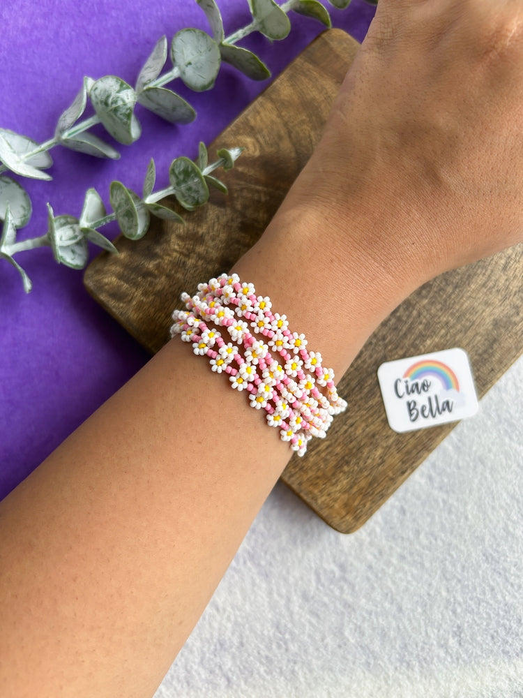 Spring Bloom Blush Pink Daisy Handmade Beaded Bracelet
